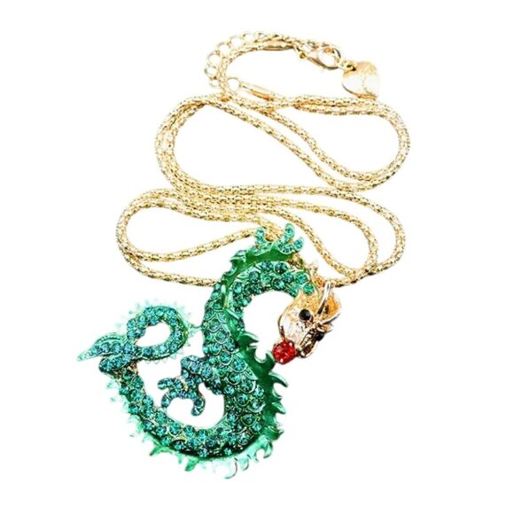 Betsey Johnson Necklace Green Enamel Dragon Pendant Gold Tone - Picture 1 of 2